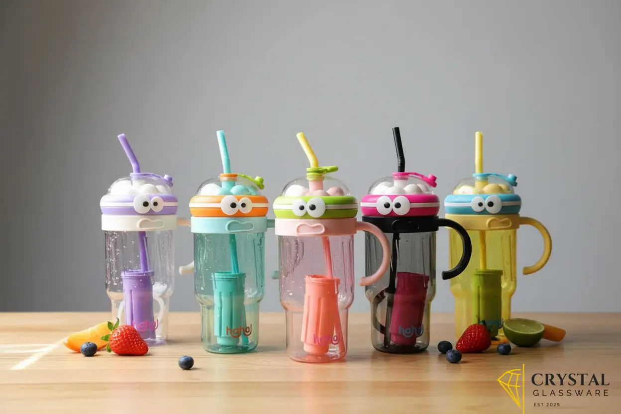 Colorful large capacity cartoon eye-themed sport water bottles with straws